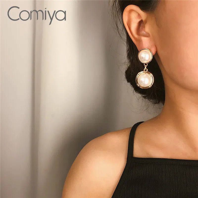 Comiya Висячие серьги для женщин круглая акриловая подвеска с жемчужиной аксессуары Корейский Золотой цветной цинк сплав длинные женские висячие серьги
