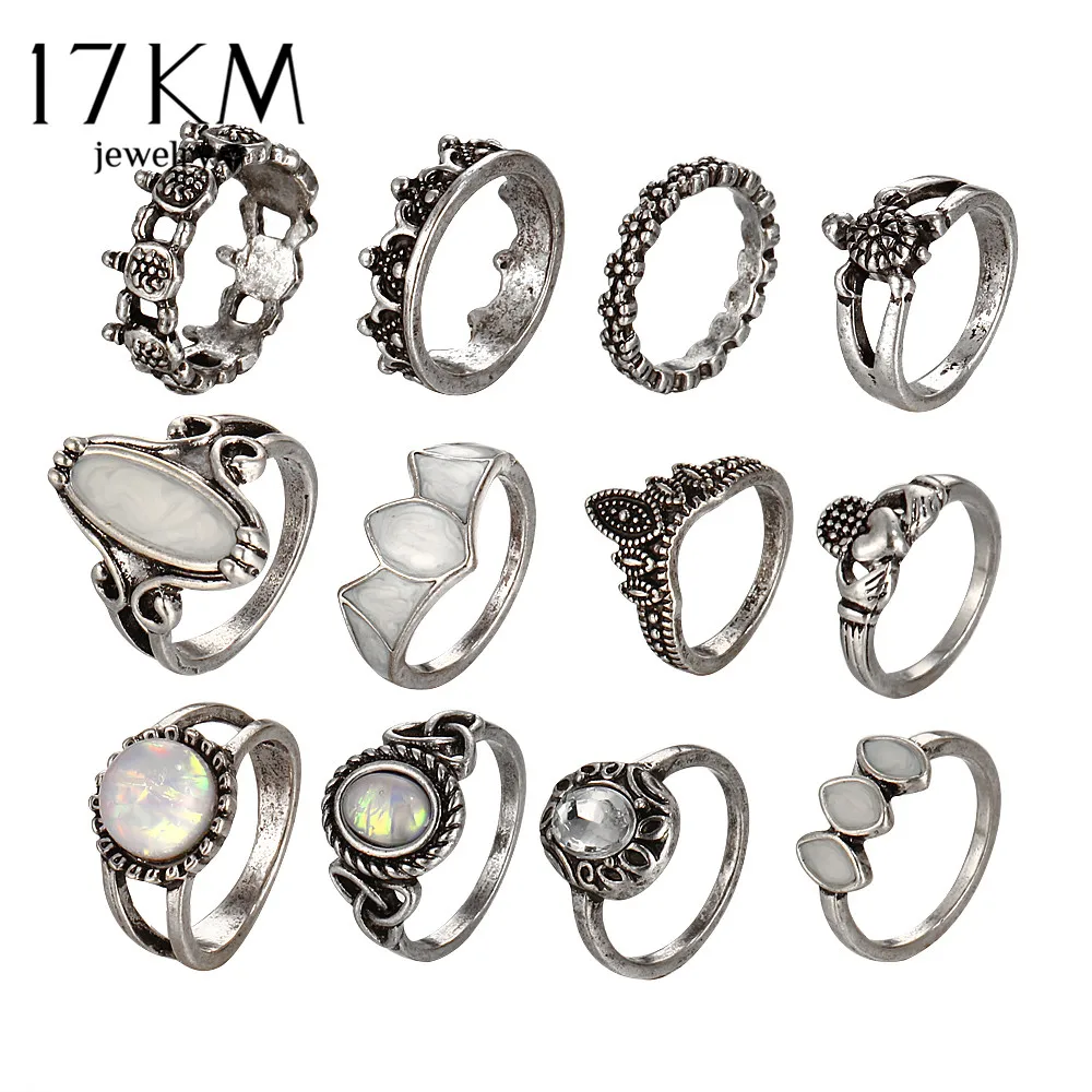 17 км Vintage Винтаж природный камень опал MIDI Ring Set для Для женщин Мода anillos сердце Корона костяшки Кольца Boho ювелирные изделия набор колец кольцо с камнем перстень мужской женские кольца 12 шт./лот