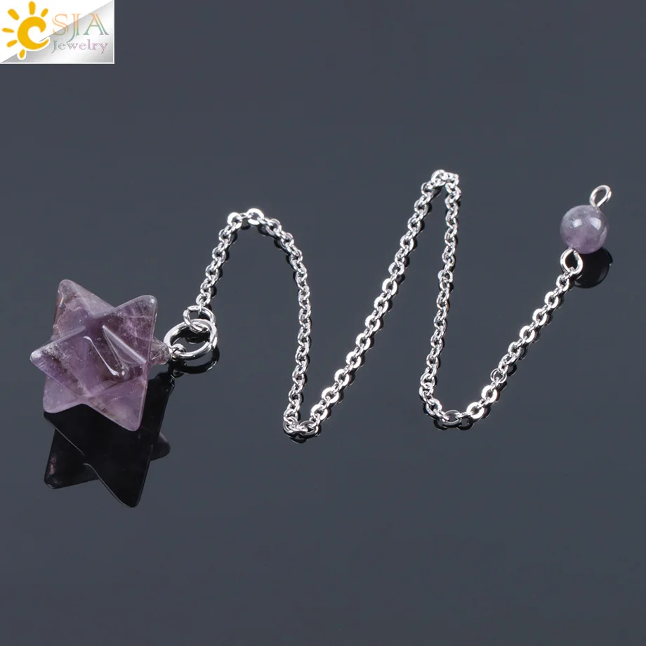 Amethyst CSJA натуральный драгоценный камень Merkabah маятники для придавая гадания Wicca чакра рейки розовый кристалл лазурит оникс кулон F055 - Окраска металла: Amethyst