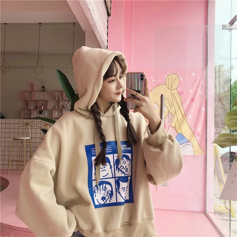 Женские толстовки с капюшоном и принтом Harajuku, свободные пуловеры с длинными рукавами, женские модные свитеры в Корейском стиле, модные свитеры