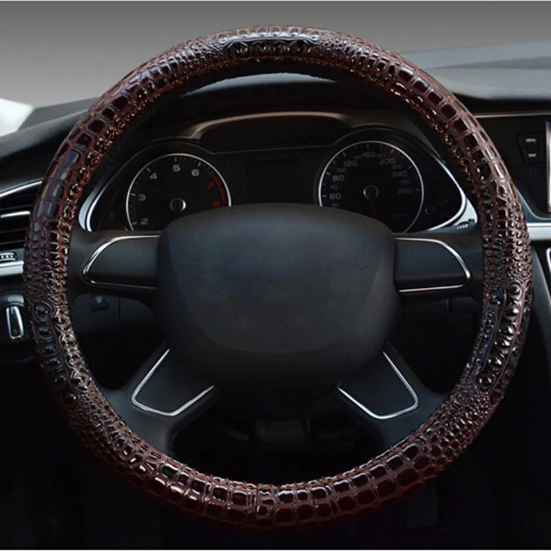 luxury crocodile grain leather car steering wheel cover universal sport cute handle case for men auto interior accessories blue free global shipping