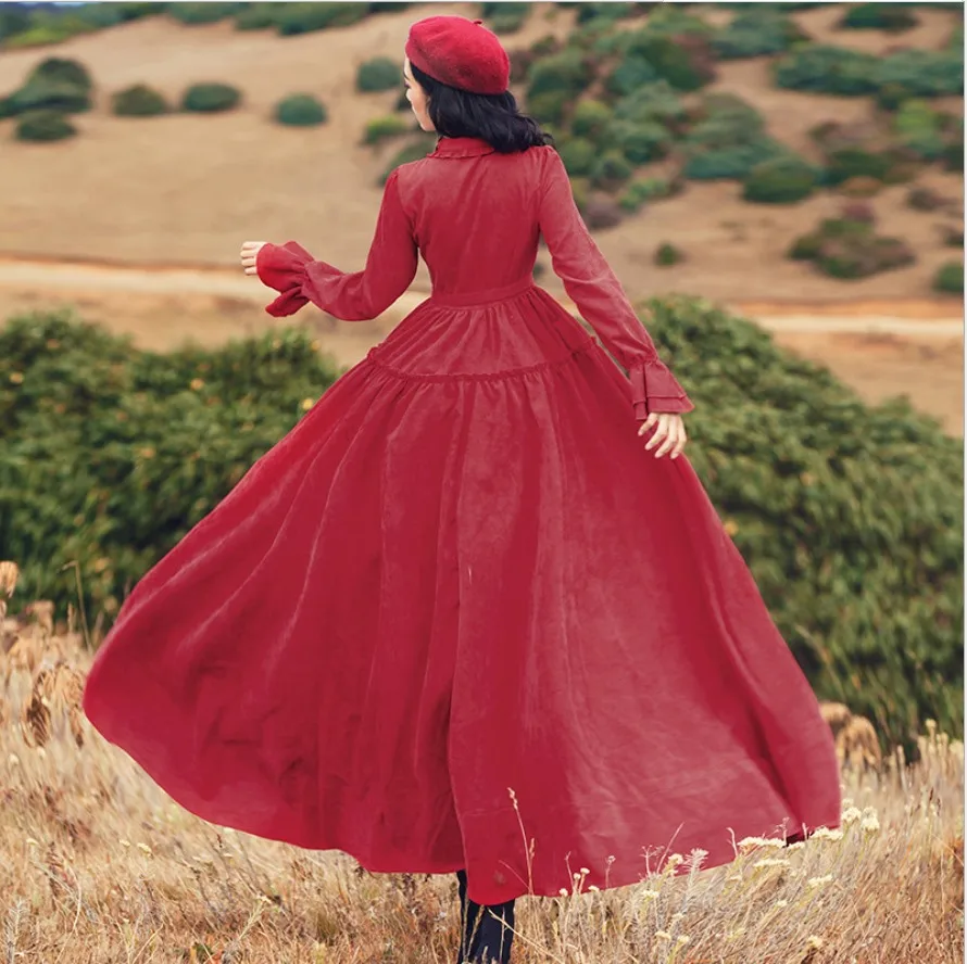 

Vintage Elegant Women Dress Autumn Winter Corduroy Petal Sleeve Slim Swing Maxi Dresses Vestidos De Festa