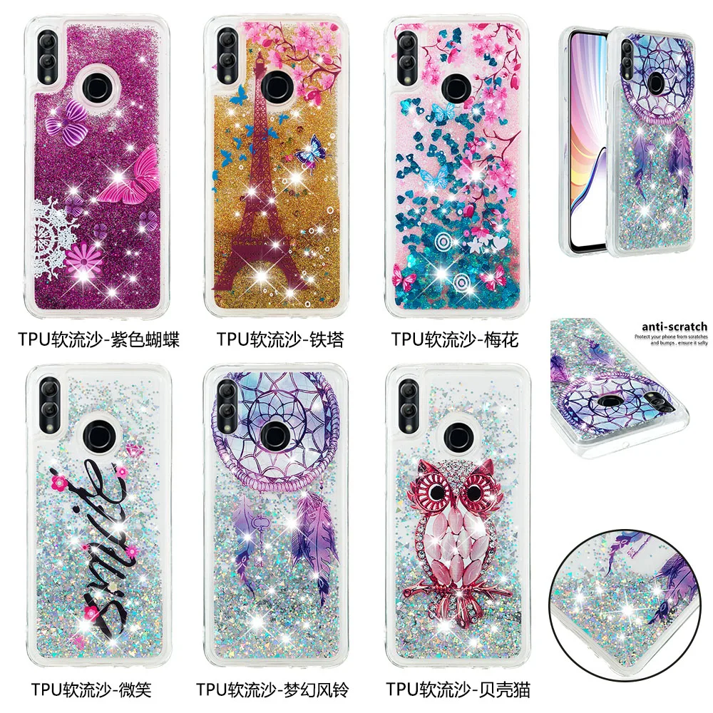 Чехол с сияющими блестками для huawei P Smart динамическая жидкость с блестками и нашивкой в виде звезды для девочек чехол для телефона, корпус под плетенную сумку для Psmart рис LX1 LX2 LA1