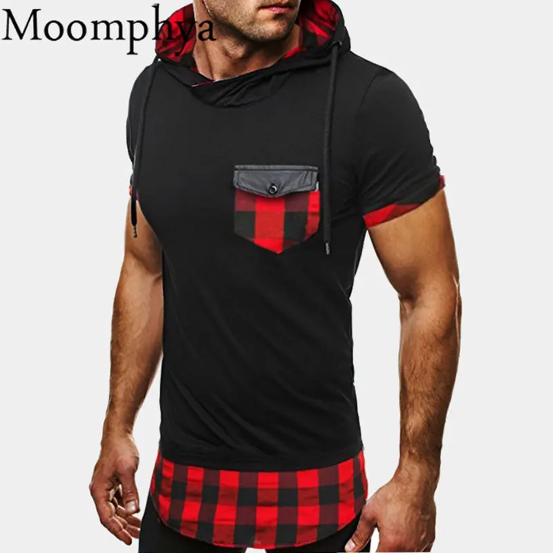 

Moomphya Men hooded t shirt plaid patchwork pocket t-shirt side zip curve hem hip hop street wear funny t shirts men tee homme