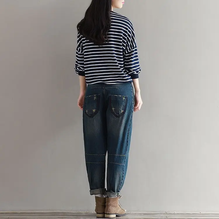 Женские синие хлопковые джинсовые шаровары винтажные Свободные повседневные