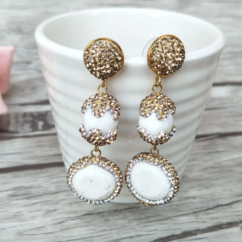 

5Pairs Natural White Coral Dangle Earrings,Paved Golden Crystal Rhinestone tridacna shell Beads,Handmade Jewelry Earrings ER241