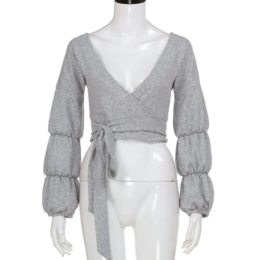 Women Ladies V Neck Knitted Sweater Long Sleeve Casual Crop Top shirts plus size women clothing blusas feminina Poleras de mujer | Женская