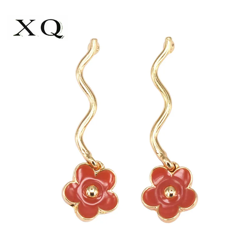 XQ blue purple green red yellow enamel cherry blossoms wave zinc alloy long earrings for women accessories 2019 hot new | Украшения и