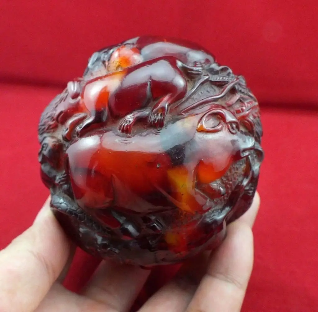 Редкая коллекция китайская ручная работа Янтарная Резьба Дракон Тигр 12 Зодиак статуя животных Dragon Ball Фитнес мяч