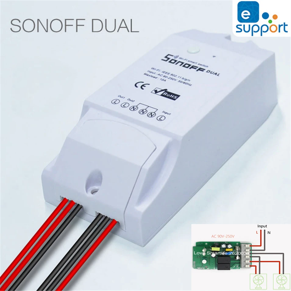 

Itead Sonoff Dual Smart Home 2 Way Wifi Timing Switch,APP Wireless Remote Control DIY Timer Switch Home Automation Ewelink 2PCS