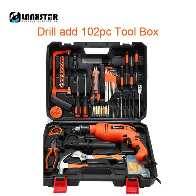 Drill add 102pc tool Lanxstar многофункциональная Регулируемая скорость деревообрабатывающий Электроинструмент 880 Вт Ударная дрель промышленная дрель Электрический Ударный Молоток дрель - Цвет: Drill add 102pc tool