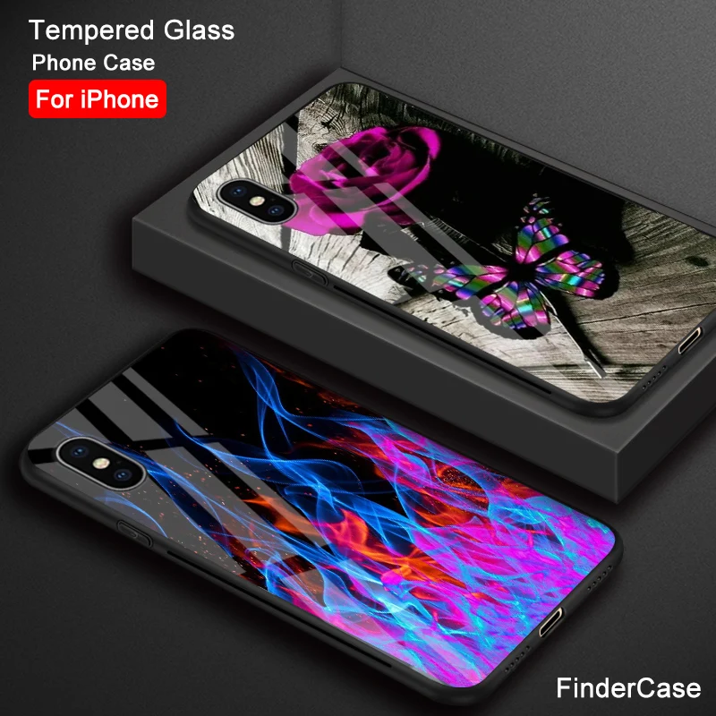 Чехол Finder для iPhone XS MAX, чехол с изображением розы, единорога, абстрактного пламени, стеклянный чехол для iPhone 6, 6 S, 7, 8 Plus, X, XR, XS MAX, 11 pro max