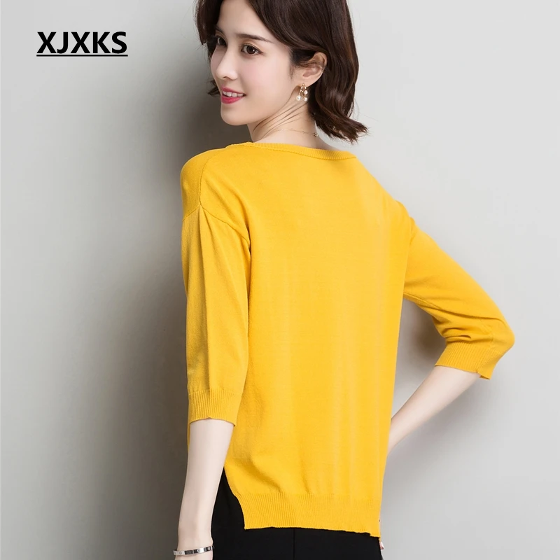 XJXKS Women Sweater Linen Knitwear Hot Sale Summer New Arrival Short Tops Thin Pullover Clothes Knitted Jumper | Женская одежда