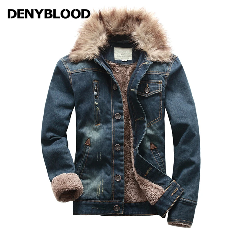

Denybloood Jeans Men Denim Jacket Fleece lining Winter Warm Jeans Jacket Detachable Fur Neck Distressed Jeans Ripped Coats 3301A