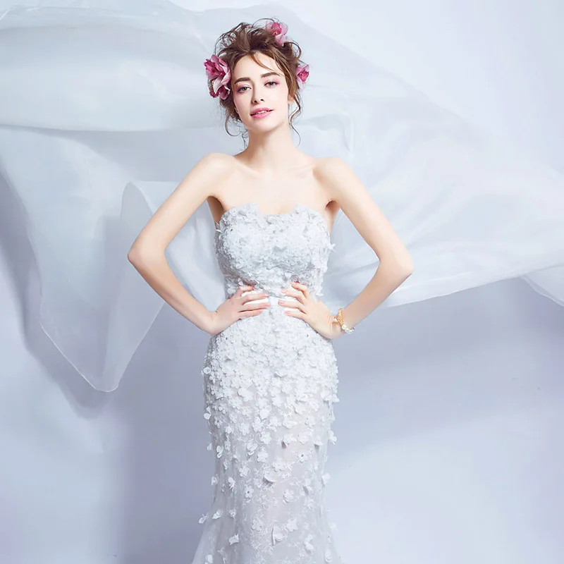 

AXJFU Princess white flower lace mermaid wedding dress vintage strapless sleeveless beach veil trumpet wedding dress 2466t