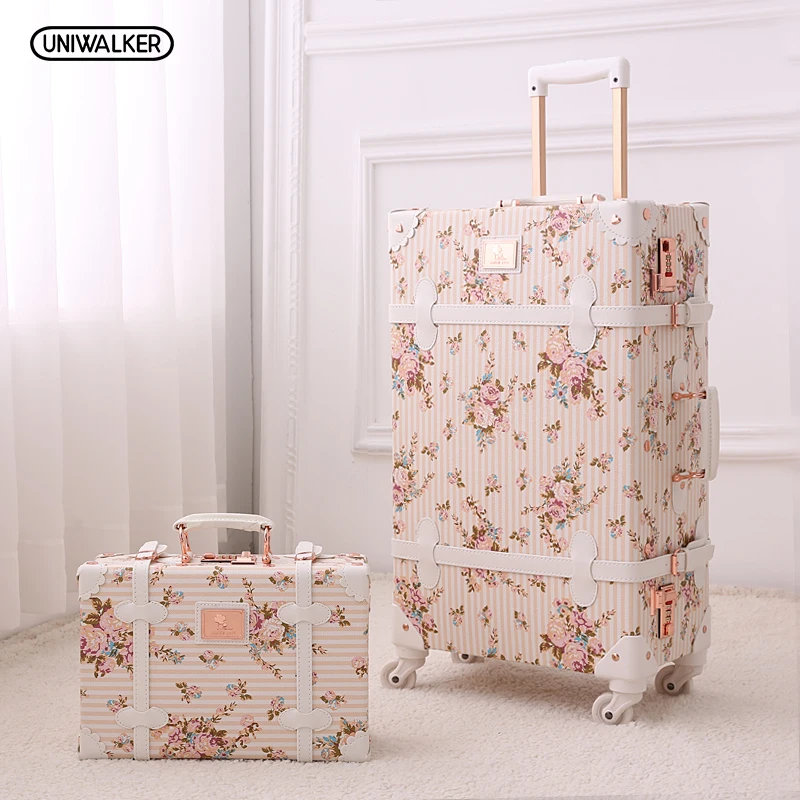 ,13" 20" 22" 24" 26" Women Retro Trolley Luggage Bags On Uni