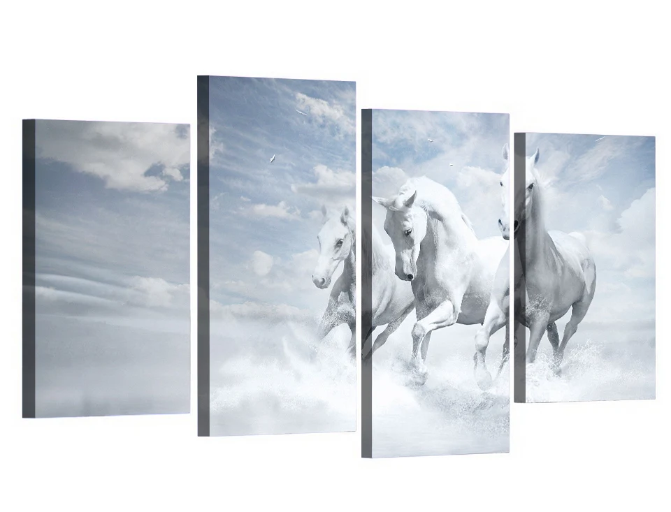 

4 Panel Canvas Art Canvas Painting White Horses Running HD Printed Wall Art Poster Home Decor Picture for Living Room XA138B