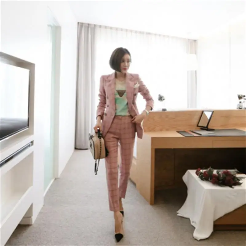 

Women's 2019 spring and summer new fashion lattice was thin small suit ladies suit female temperament Slim nine pants tide