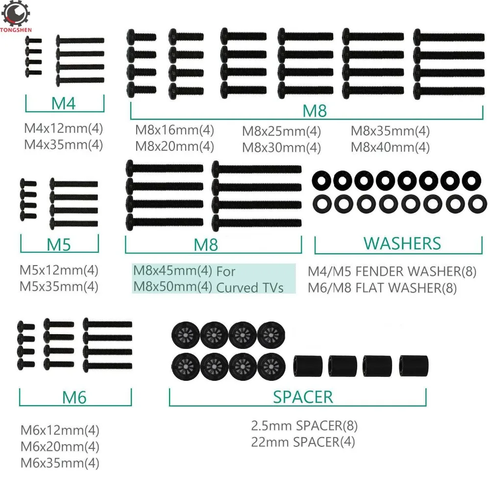

TV Mounting Hardware Kit Set Includes M4 M5 M6 M8 TV Mount Screws and Spacer Fit Most TVs TV Wall Mount Bracket Screws