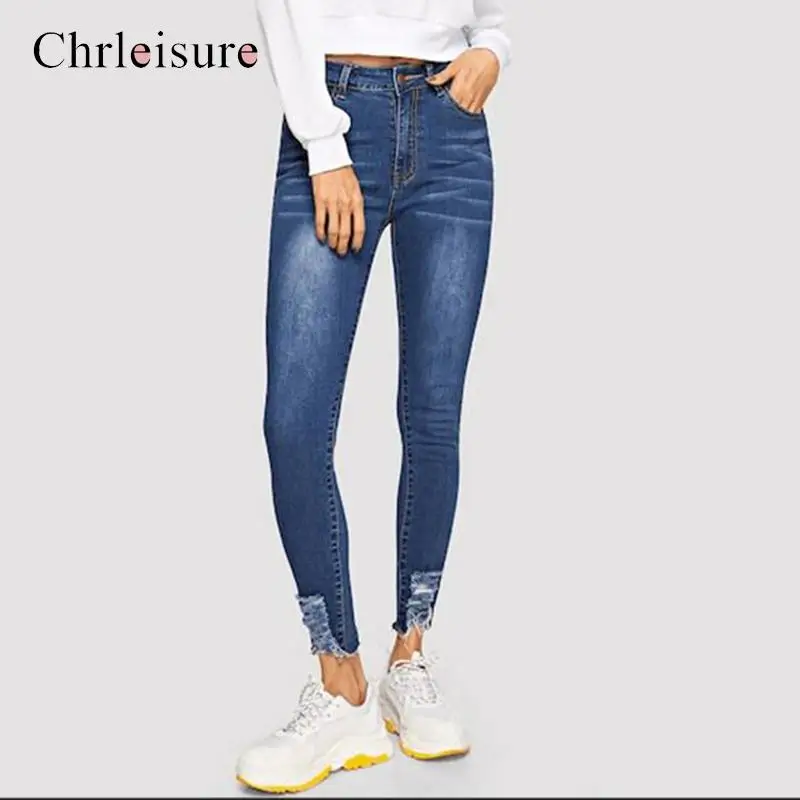 Bule Chrleisure Ripped Jeans For Women Denim Streetwear Skinny Jeans Ladies Fashion Pocket Jeans - Color: Bule