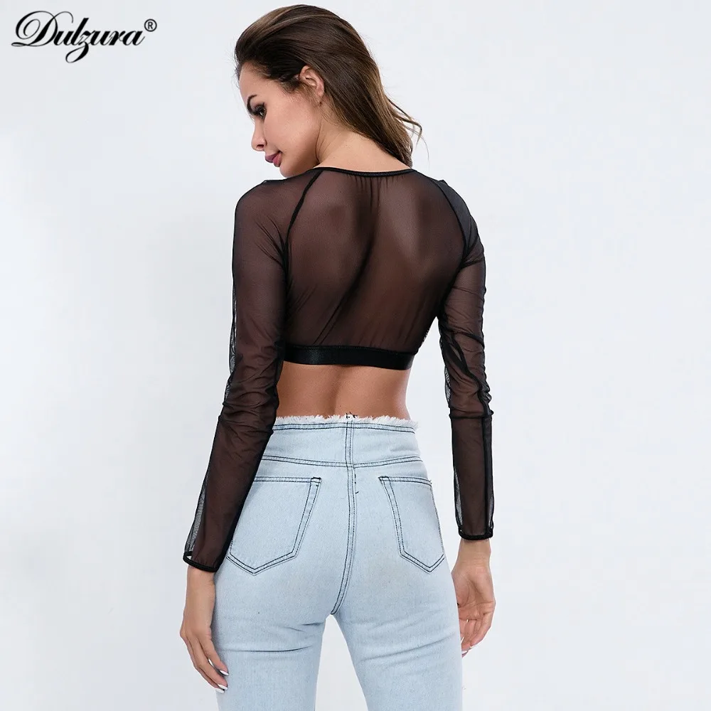 Dulzura для женщин укороченный Топ с длинным рукавом сетки see through пикантные Клубные