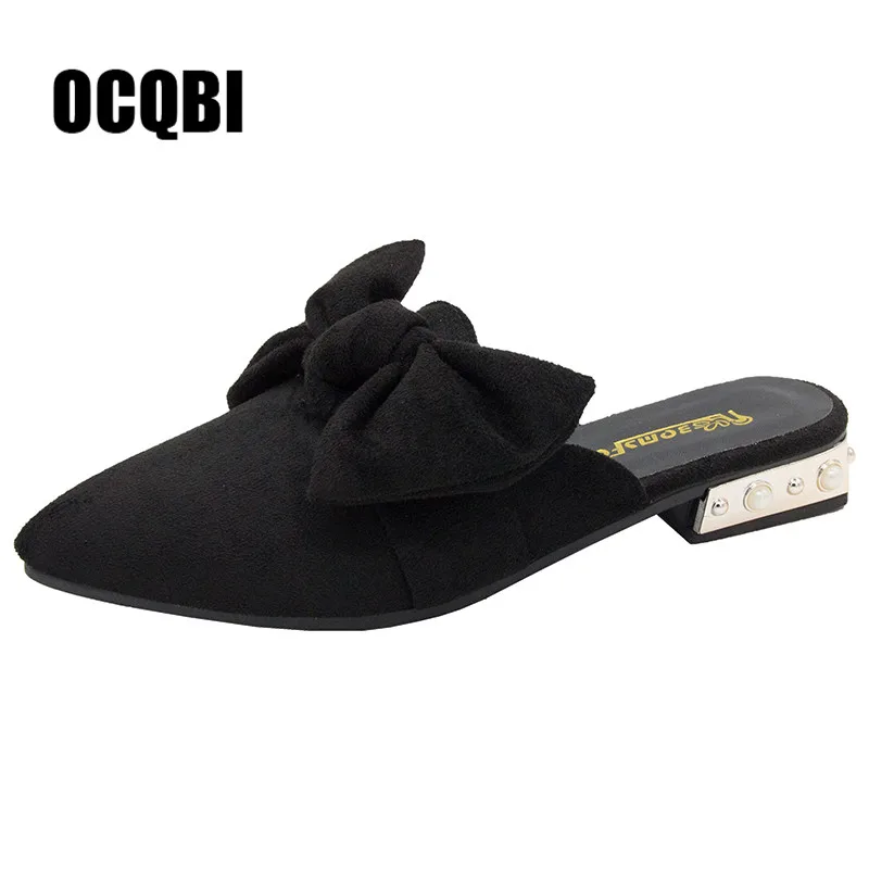 black Г., новые модные летние женские шлепанцы бант с кристаллами, сандалии с бусинами женская обувь на плоской подошве повседневные весенний тапочек с острым носком - Цвет: black