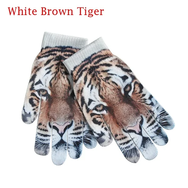 White Brown Tiger 1 пара, новинка, модные мужские и женские теплые перчатки, милый 3D принт, животные, фрукты, вязаные мягкие перчатки, зимние теплые шерстяные вязаные варежки - Цвет: White Brown Tiger