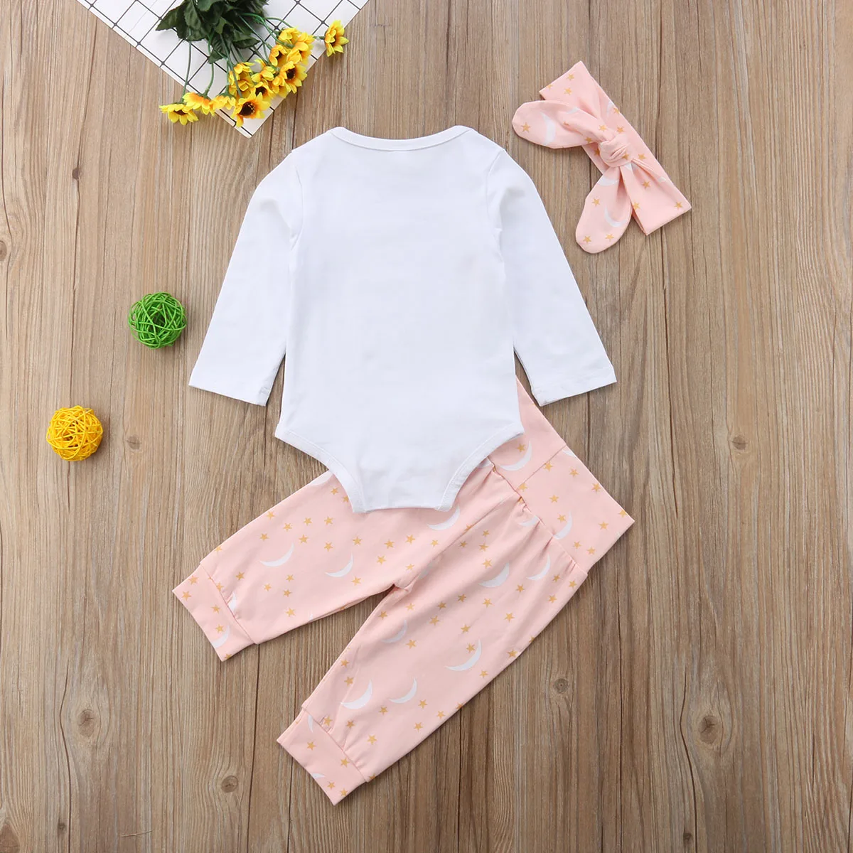 2018 Brand New Newborn Infant Baby Girls Boys Clothes 3PCS Long Sleeve Letter Moon White Romper Tops+Moon Stars Pants+Headband | Детская