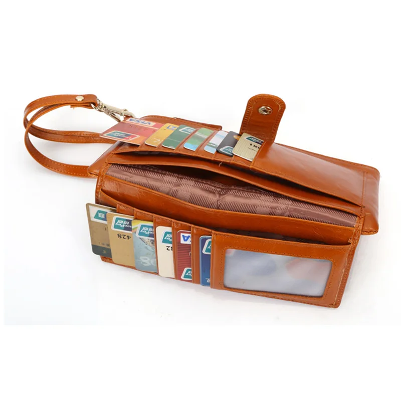 Best Quality! Women Oil Wax Genuine Cowhide Leather Long Zipper Wallet Lady Fashion Clutch Purse Bag With Strap 7 colors 2153|long zipper