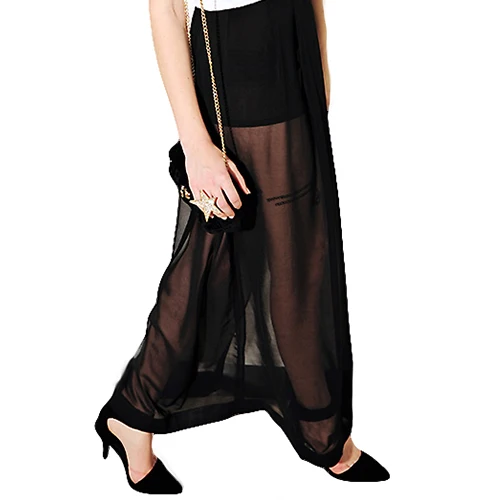 Прозрачная женская черная плиссированная шифоновая длинная юбка макси с высоким