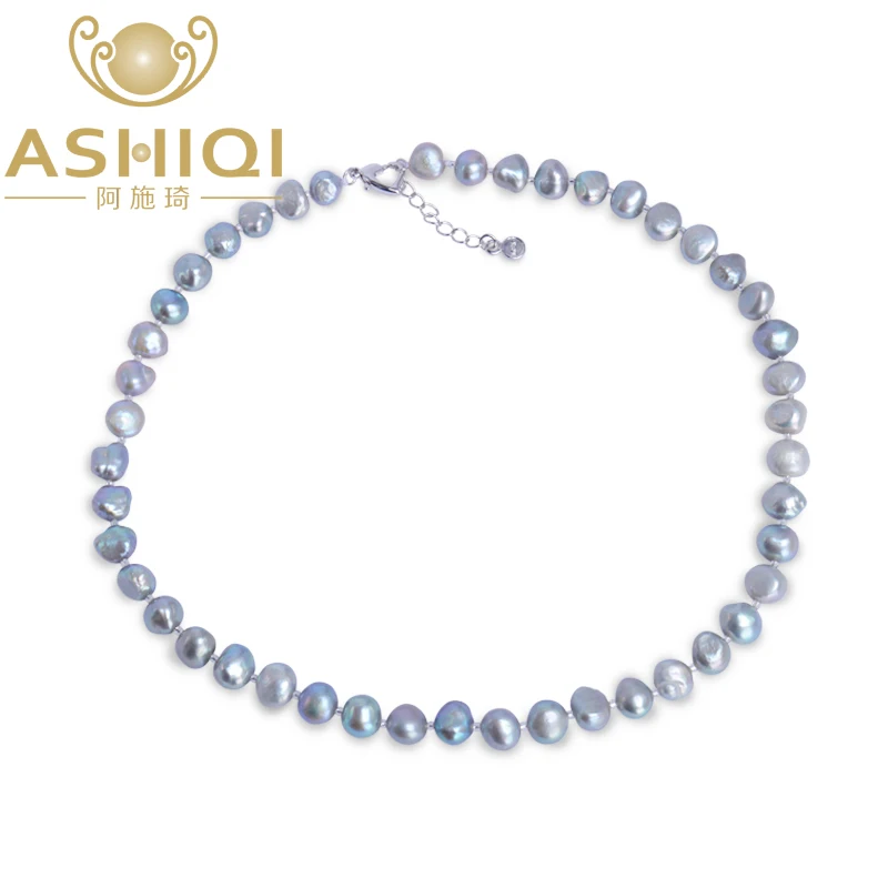 

ASHIQI Real Natural Freshwater Baroque Pearl Necklace For Women 9-10mm Black Gray Pearl Jewelry