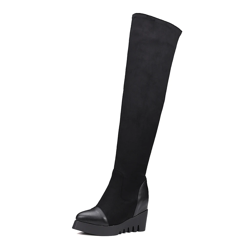 black thin fur DoraTasia/новые удобные осенне-зимние женские сапоги, женские сапоги выше колена на высоком каблуке, женская обувь - Цвет: black thin fur
