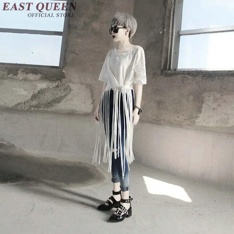 

New fashion female tops crops for summer solid color white black round neck tassel t shirts with short sleeves KK919 HQ