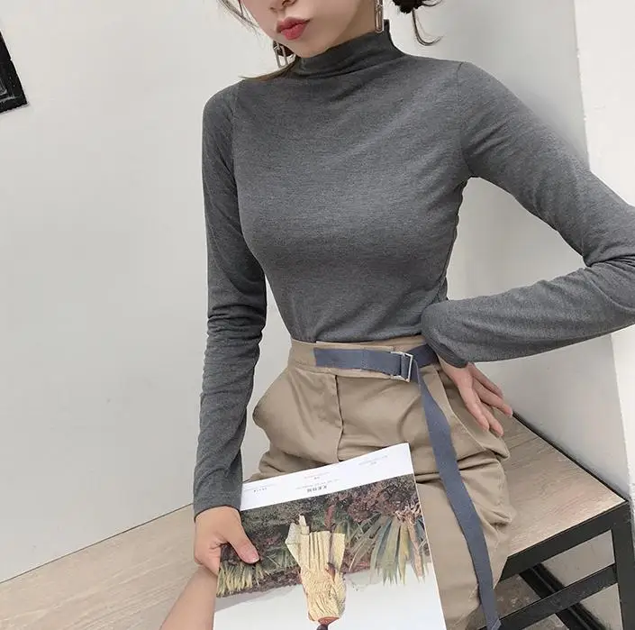 Высококачественная однотонная облегающая футболка с воротником стойкой и