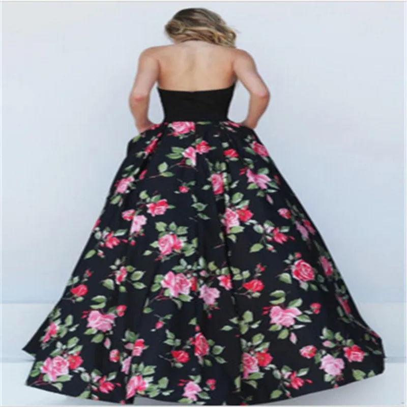 Женское винтажное платье макси Черное длинное трапеция с цветочным принтом