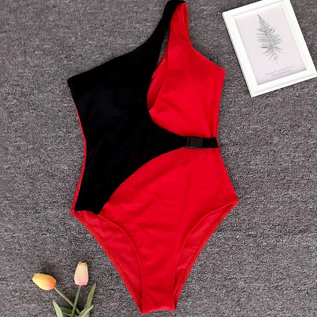 B450Red Неоновый зеленый сексуальный цельный купальный костюм с одним плечом Женская Пряжка для купания женский купальный костюм для купания - Цвет: B450Red