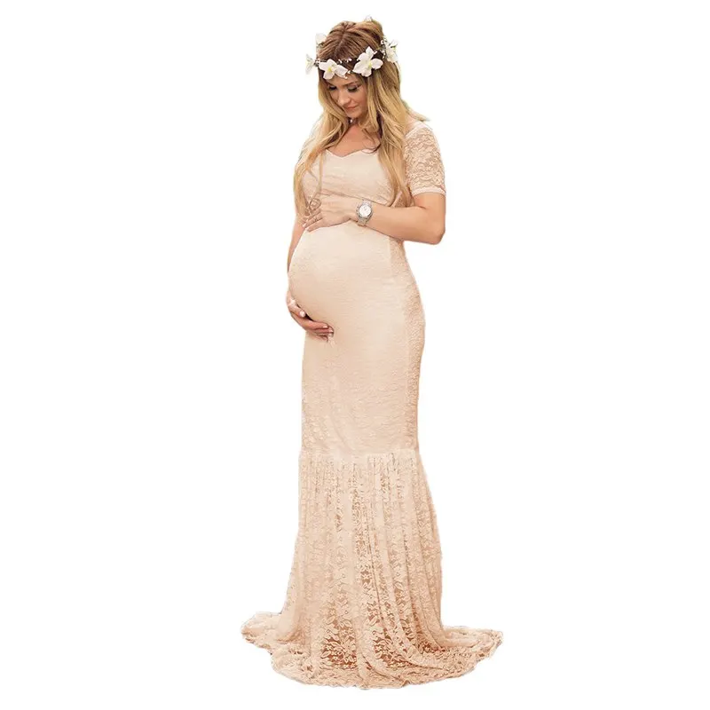 Beige Dress VOGUEON женское кружевное Макси длинное платье летнее платье для беременных для фотосессии Женская пляжная одежда для беременных Вечернее Бальное Платье с v-образным вырезом - Цвет: Beige Dress