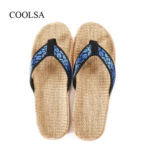Шлепанцы COOLSA мужские соломенные, сланцы для дома, плоская подошва, в полоску, с лентой, Эва, Нескользящие, натуральный материал, тапочки льняные