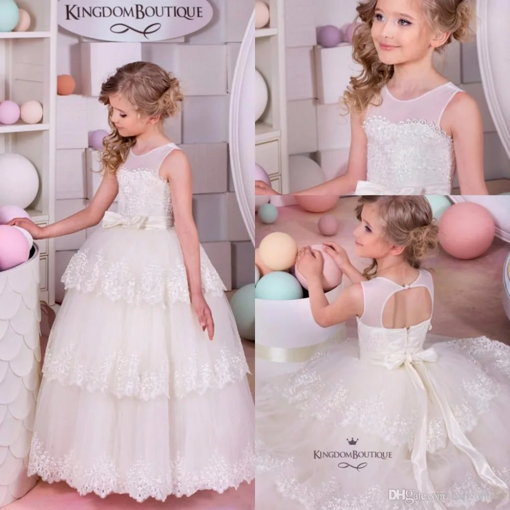 2017 Прекрасная Принцесса Sheer Шеи Ярусов Юбки Детские Платья Спинки Кружева