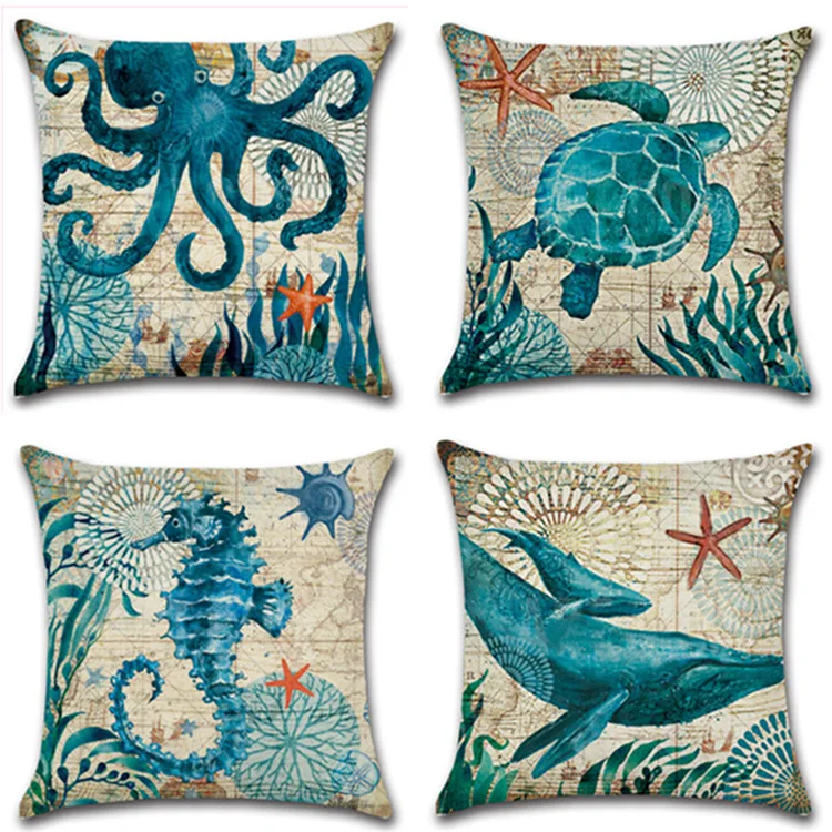 

Sea Turtle Printed Cotton Linen Cushion Cover Marine Ocean Sea Horse Home Decor Pillowcase Octopus Sofa Cushion Case