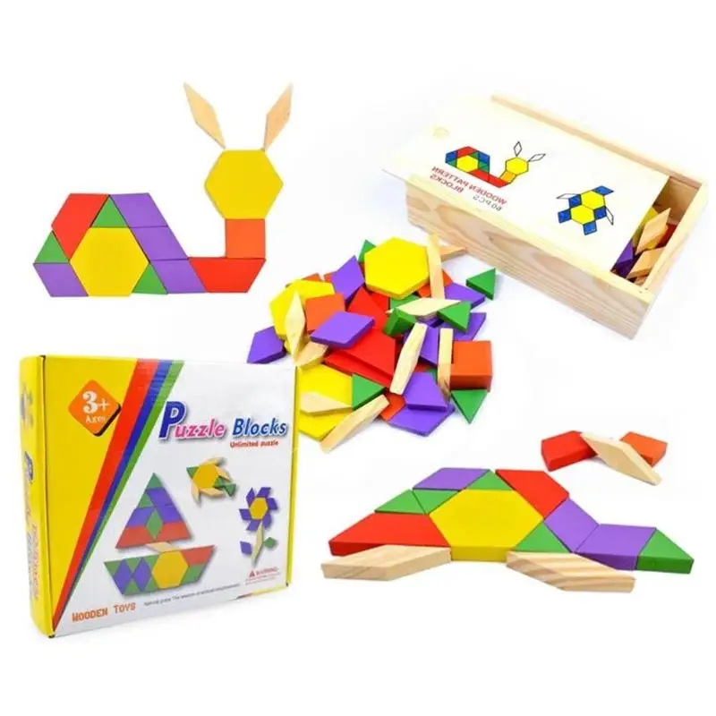 Wooden Tangram Shape Jigsaw Puzzle Box Kids Geometric Macthing Game Board with construction drawings Children Toys | Игрушки и хобби