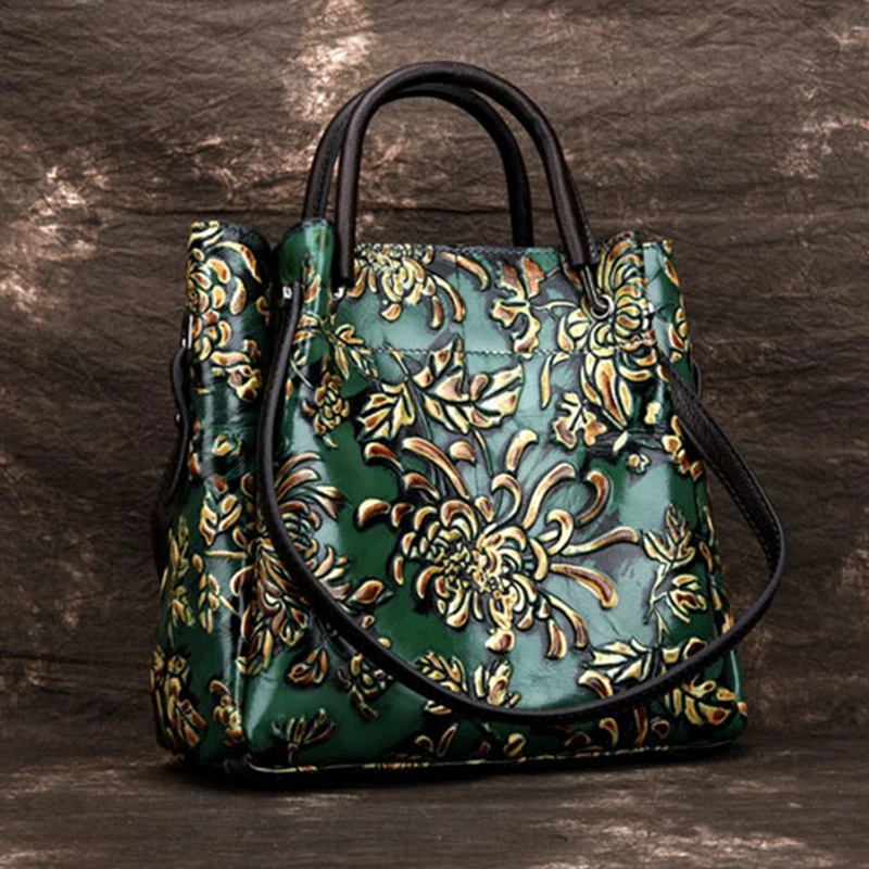 

Genuine Leather Women Top Handle Messenger Bag Embossed Tote Floral Pattern Real Cowhide High Quality Shoulder CrossBody Handbag