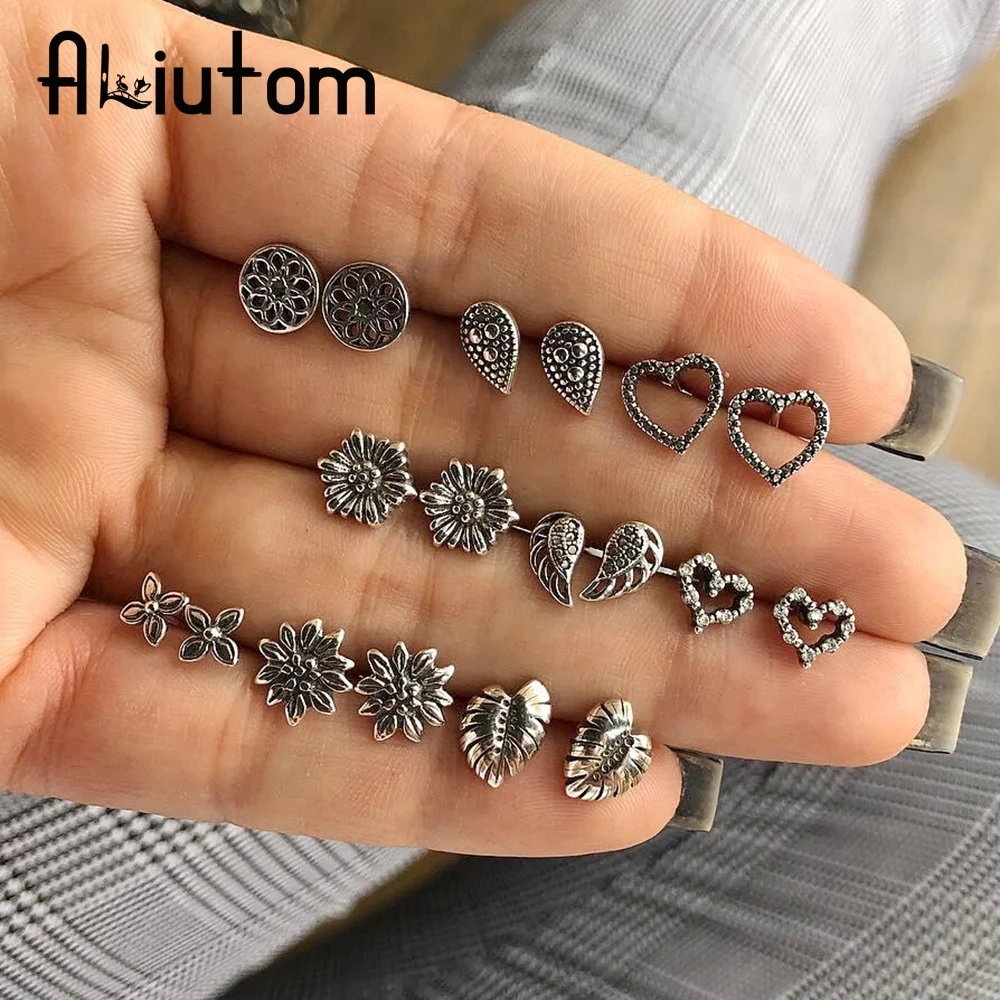 ALIUTOM 9 пар/компл. милый в винтажном стиле виде сердца лотоса крыло серьги комплект