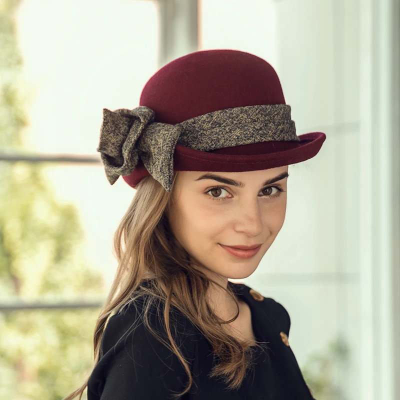 Новое поступление, модная шерстяная шляпа, женская, Британская, Шляпа Fedora, Студенческая, элегантная, с цветочным узором, теплая шапка с банто... от AliExpress WW