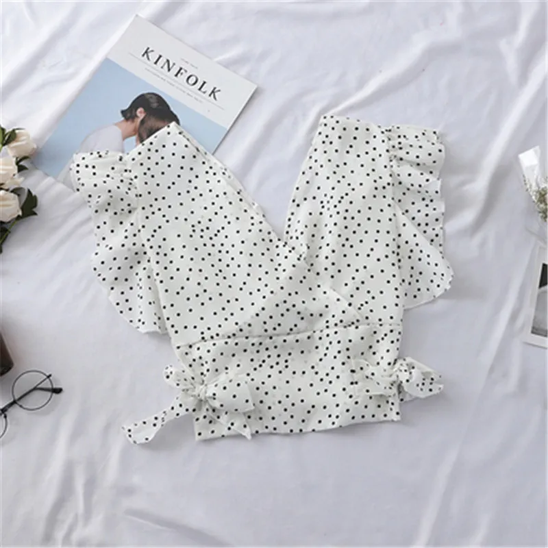 Шифоновая блуза с оборками милая плиссированная блузка в горошек коротким