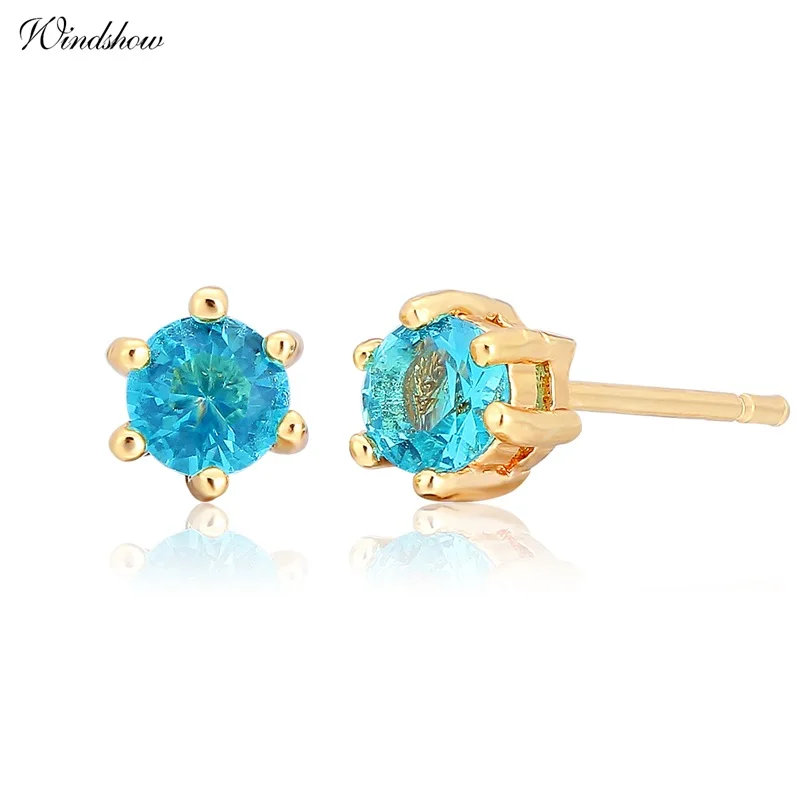 Six Claw Round Ocean Blue Crystal Mini Small Stud Earrings For Women Kids Girls Baby Child Piercing Jewelry Gold Color Aros 4mm|earrings