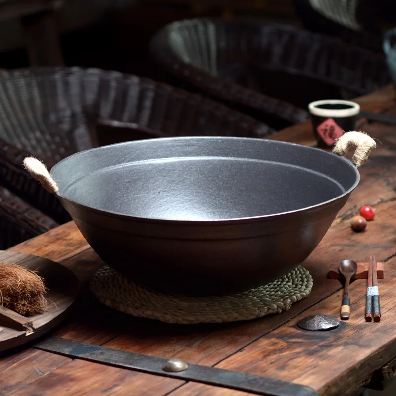 

Cast Iron Pot Round Bottom Big Iron Pot Home Thick Cast Iron Wok Uncoated Non-stick Pot Wok Casserole Kitchen supplies