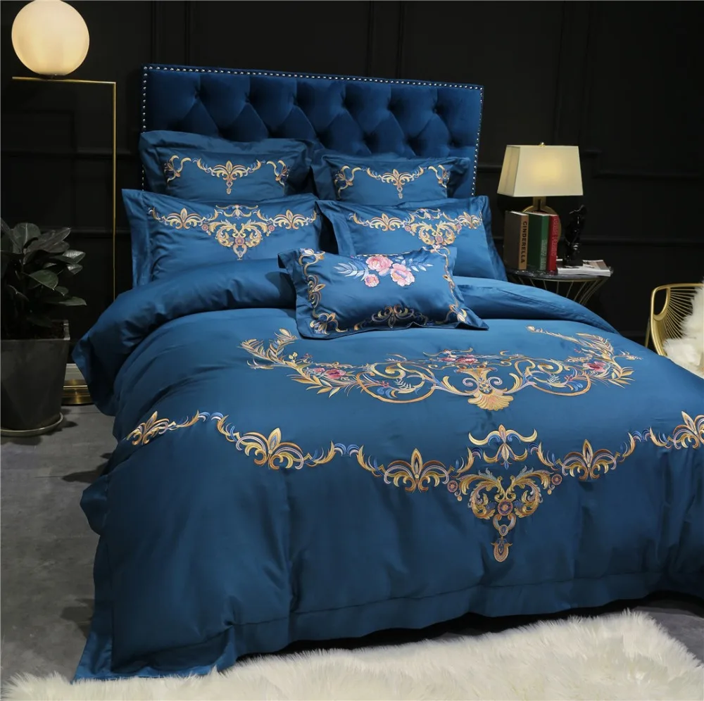 Роскошные Синие постельные принадлежности из египетского хлопка с вышивкой 80 S