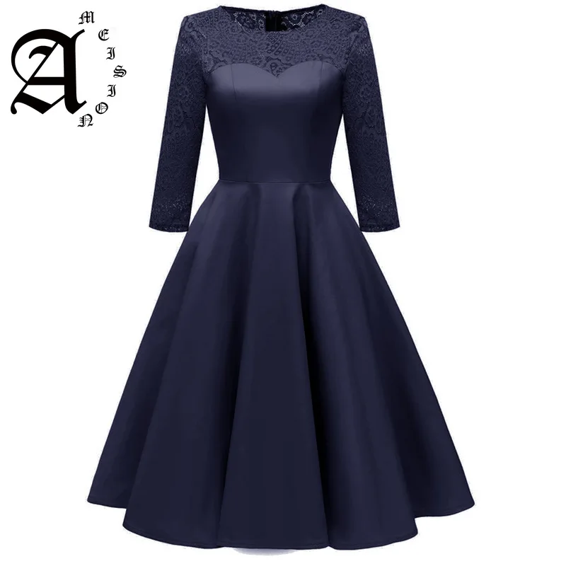 Vintage Lace A Line Ball Gown Women seven Quarter Sleeve O-neck Satin MIDI Party Dress Wedding Guest evening Dresses | Свадьбы и