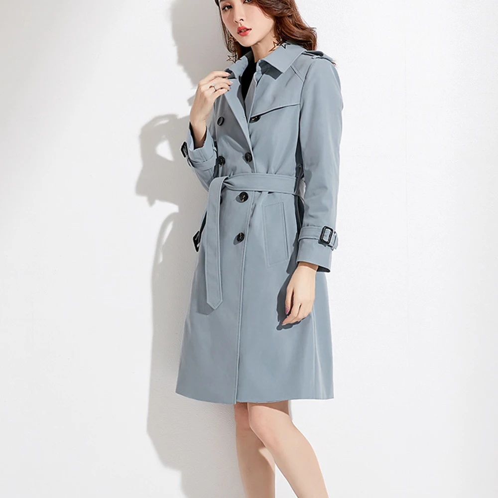 New brand women's clothes British temperament pure color long sleeve suit collar double-breasted windbreaker jacket | Женская одежда